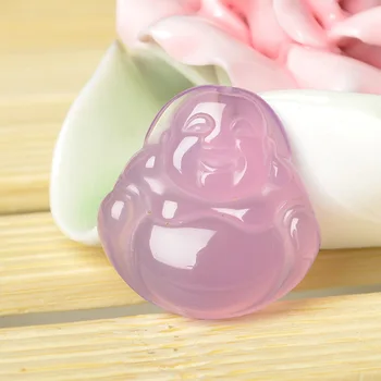 

Natural pink chalcedony Maitreya Buddha pendant necklace