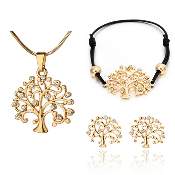 

Hot Sale Jewelry Set For Women Silver Plated Tree of Life Wedding Gift Choker Necklace Elastic Adjustable Bracelet Stud Earrings