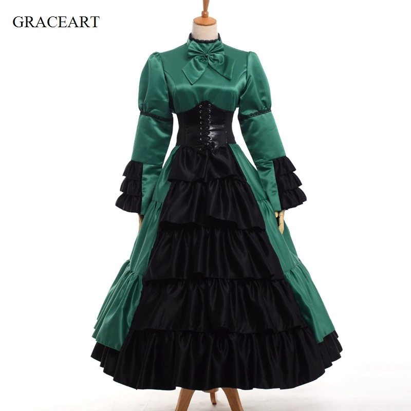 Vintage Women Civil War Bowknot Corset Dress With Crinoline Medieval Costume