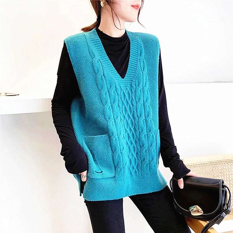 

Woman V-neck Twist Knit Vest Sleeveless Korean Fashion Sweater Vest Pockets High Quality Oversized Cashmere Wool Autumn Vest