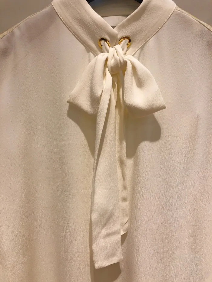Women Bow Shirt Solid White Button Ofiice Lady Blouse Casual Long Sleeve Tops