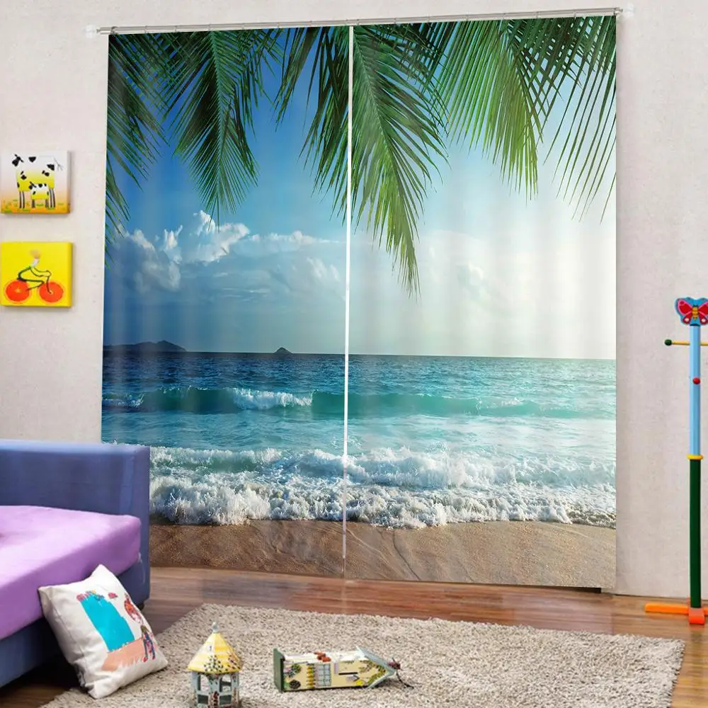 3D Blockout Drapes Fabric Printing Window Curtains Tropical Beach Palm Scenery 