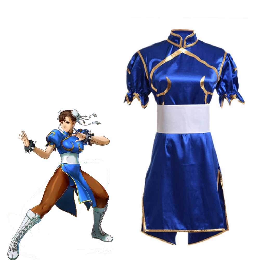 Игры Chun Li костюмы для косплея синее платье Чонсам пояс головные уборы для женщин девочек праздничная одежда - Цвет: Dress