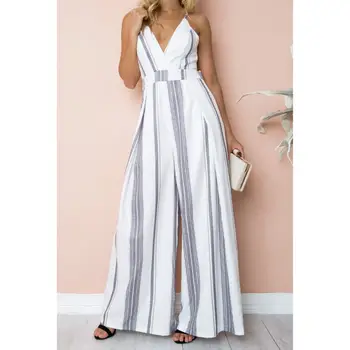 

Boho Spaghetti Strap Striped Jumpsuit Fashion 2020 Sleeveless Backless Wide Leg Jumpsuits