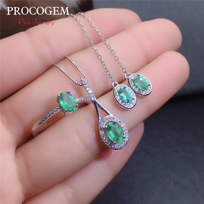 VS Natural Real Emerald set for women Party Wedding Necklace Ring Earrings Fine Jewelry Sets Genuine Green Gemstones S925 Silver | Украшения