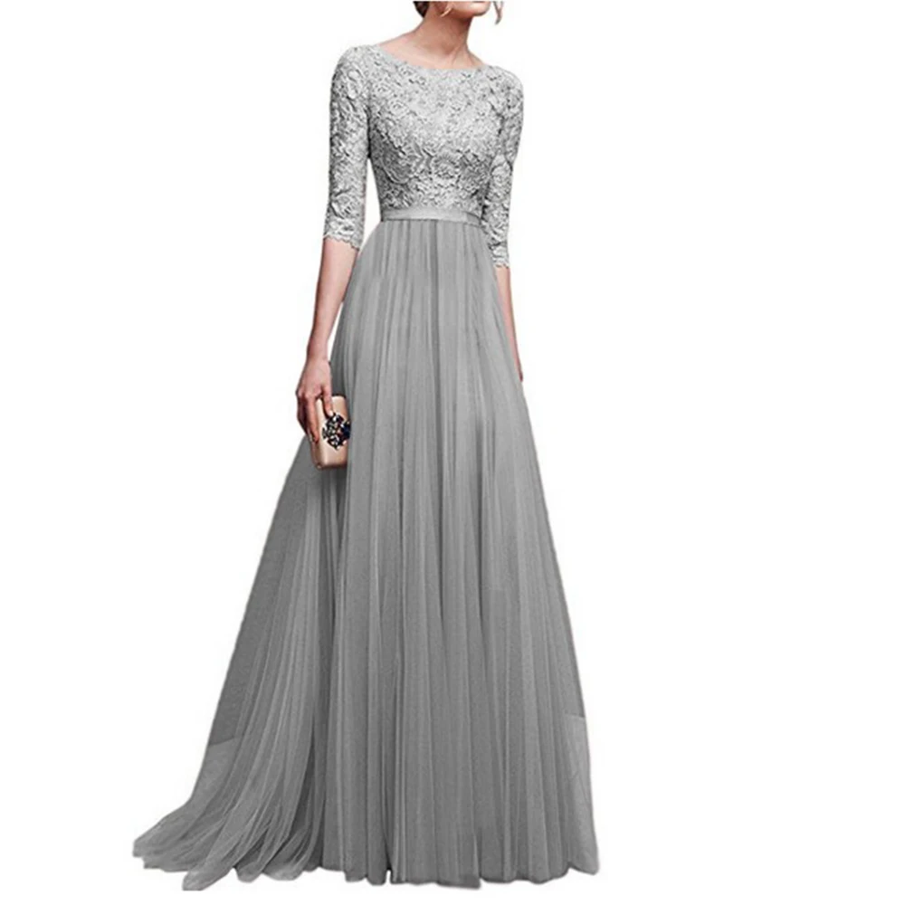 Винтаж, с кружевными аппликациями, Вечеринка платье Для женщин элегантное платье с О-образным вырезом с коротким рукавом шифоновое длинное Макси платья размера плюс Vestidos - Цвет: Серый