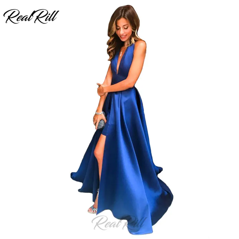 

Real Rill Halter Deep V Neck Evening Dress Satin Backless Side Split Sweep Train Prom Dress Formal Dress