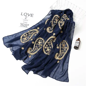 

Women Winter Scarf Solid Cotton Hijab Shawls Gold Silk Embroidery Lady Pashmina Warps Fashion Soft Neck Scarves