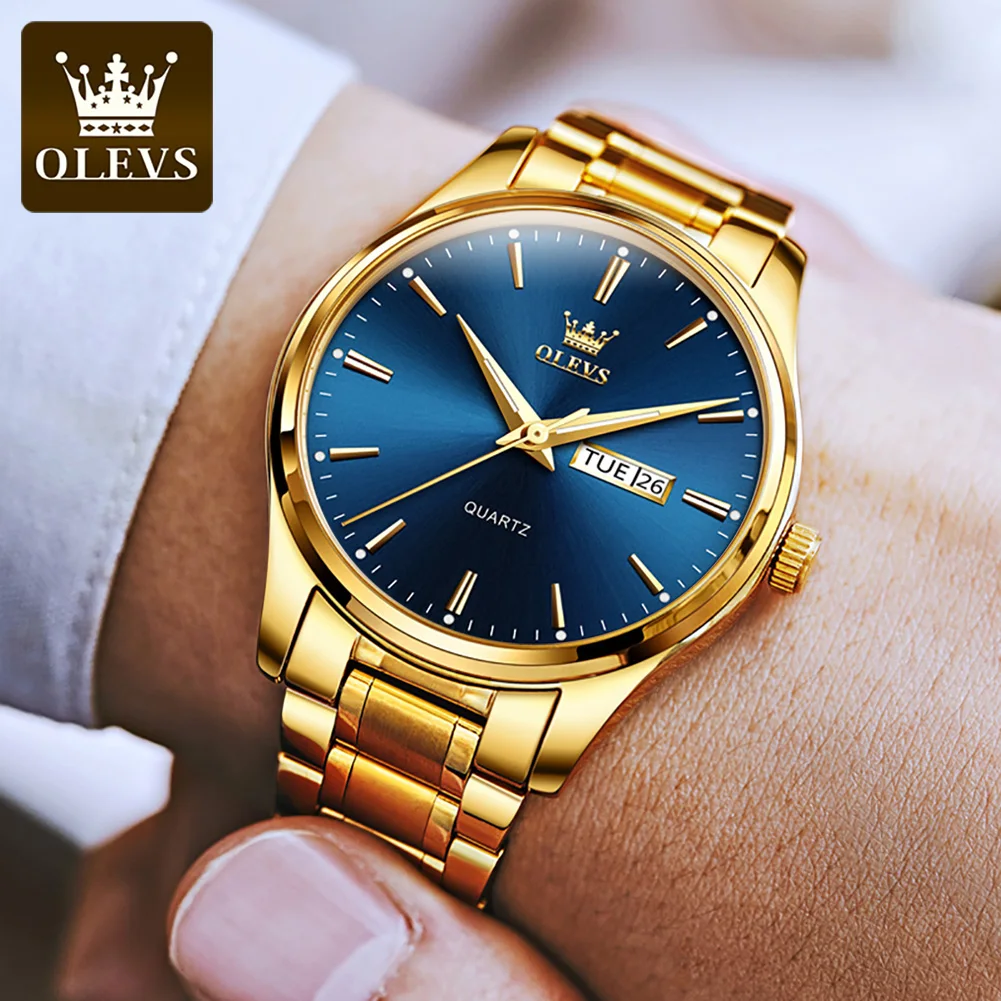 

OLEVS Brand Luxury Gold Blue Quartz Watch for Men Stainless Steel Waterproof Luminous Fashion Mens Watches Relogio Masculino