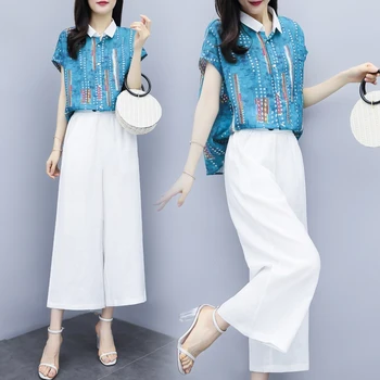 

2020 Summer Two Piece Sets Outfits Women Plus Size Printed Chiffon Long Blouses And Wide Leg Pants Suits Vintage Elegant Sets