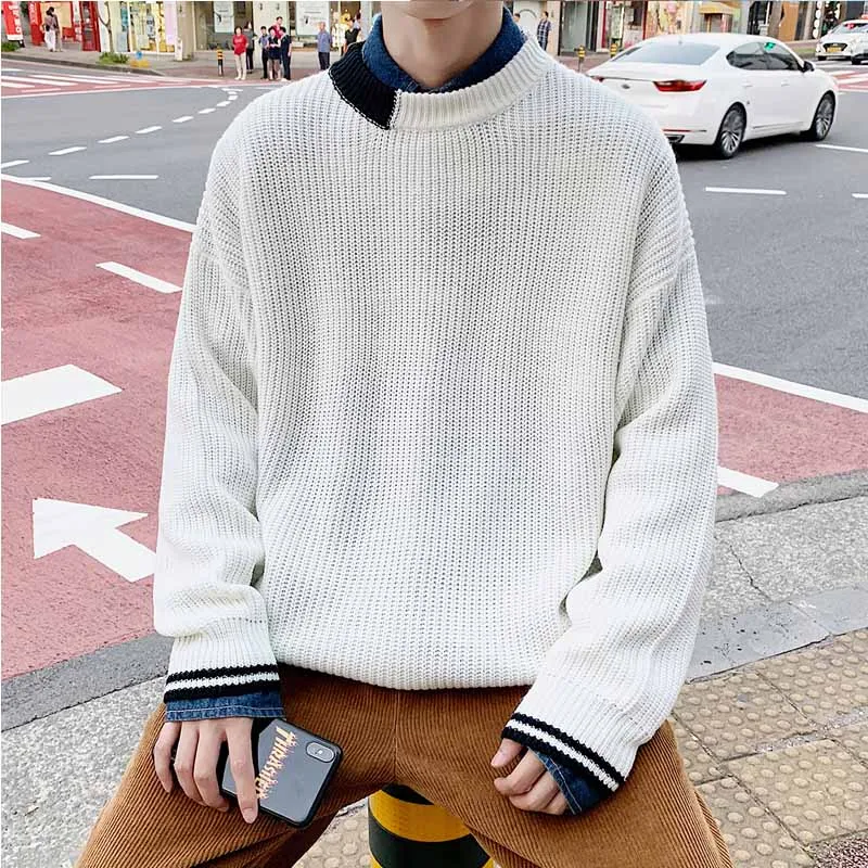 Мужской Повседневный свитер с круглым вырезом, белый осенне-зимний Свободный корейский Модный пуловер, вязаный джемпер, свитера, мужские пуловеры M-2XL