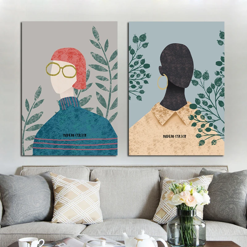 Modern Girl With Flower Canvas Painting Nordic Printed Posters And Prints Wall Pictures Cuadros For Living Room Home Decoration | Дом и сад