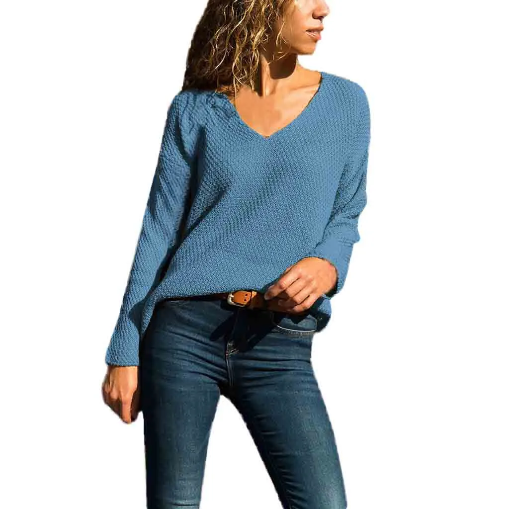 Jaycosin Fashion Casual Lady Long Sleeve V-neck Sweater Stylish Comfortable Soft Solid Color Knitting Slim Blouse Sweater Tops