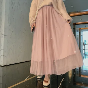 

Autumn Winter Korean Women Skirts Chic Spring Beading Big Swing Mesh Skirt Female 2019 New Han Pearl Long Ladies Skirt