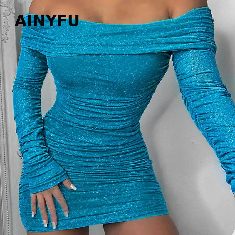 

Ainyfu Dress Women Ladies Dresses Bodycon Clothes Slim Silver Wire Streetwear Pencil Above Knee Mini 2020 Designe Long Sleeve