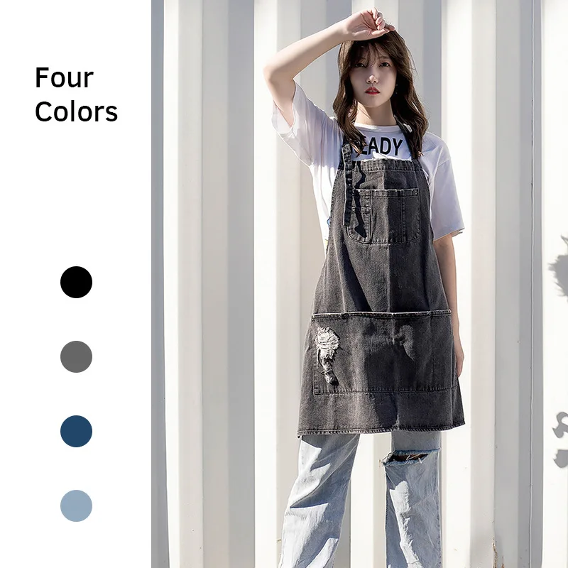 Professiona Korean Adjustable 100% Cotton Denim Apron Kitchen Aprons For Woman Adult Baking Smock Chef Cafe Unisex Jeans Apron