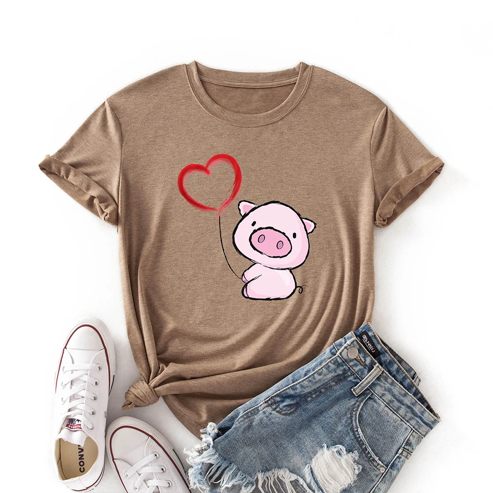 Woman Short Sleeve Colored  Graphic Tees Summer T-Shirt Female Tops Shirts for Women Cute Animal Piggy Love Heart Pig Top vintage t shirts