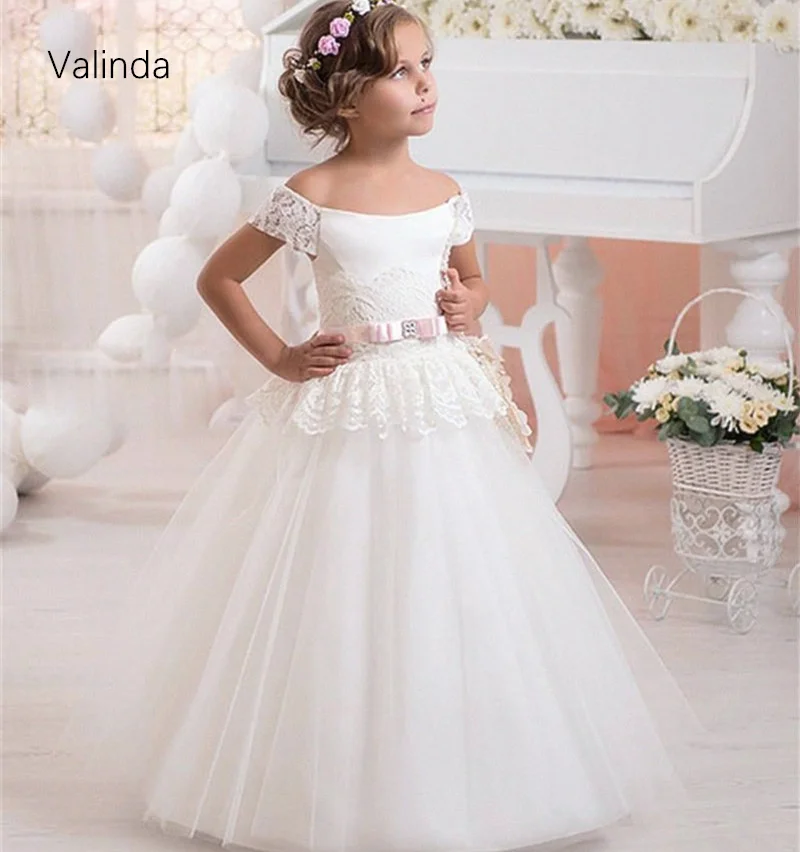 

Платье для девочек, с открытыми плечами, цвета слоновой кости, с цветочным рисунком, для свадебной вечеринки, для маленькой принцессы, для первого причастия, детская одежда