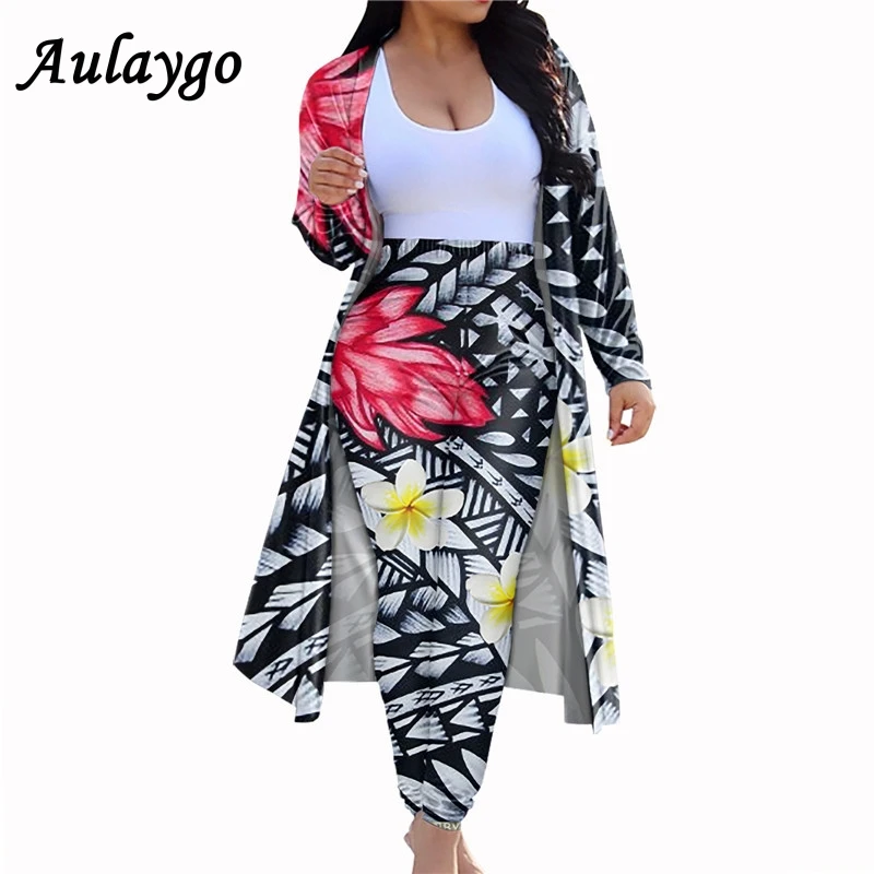 

Aulaygo Spring Autumn 3 Piece Set Polynesian Hibiscus Sexy Plus Size Long Trench Tops Fashion Women Coat And Leggings 2pcs/se