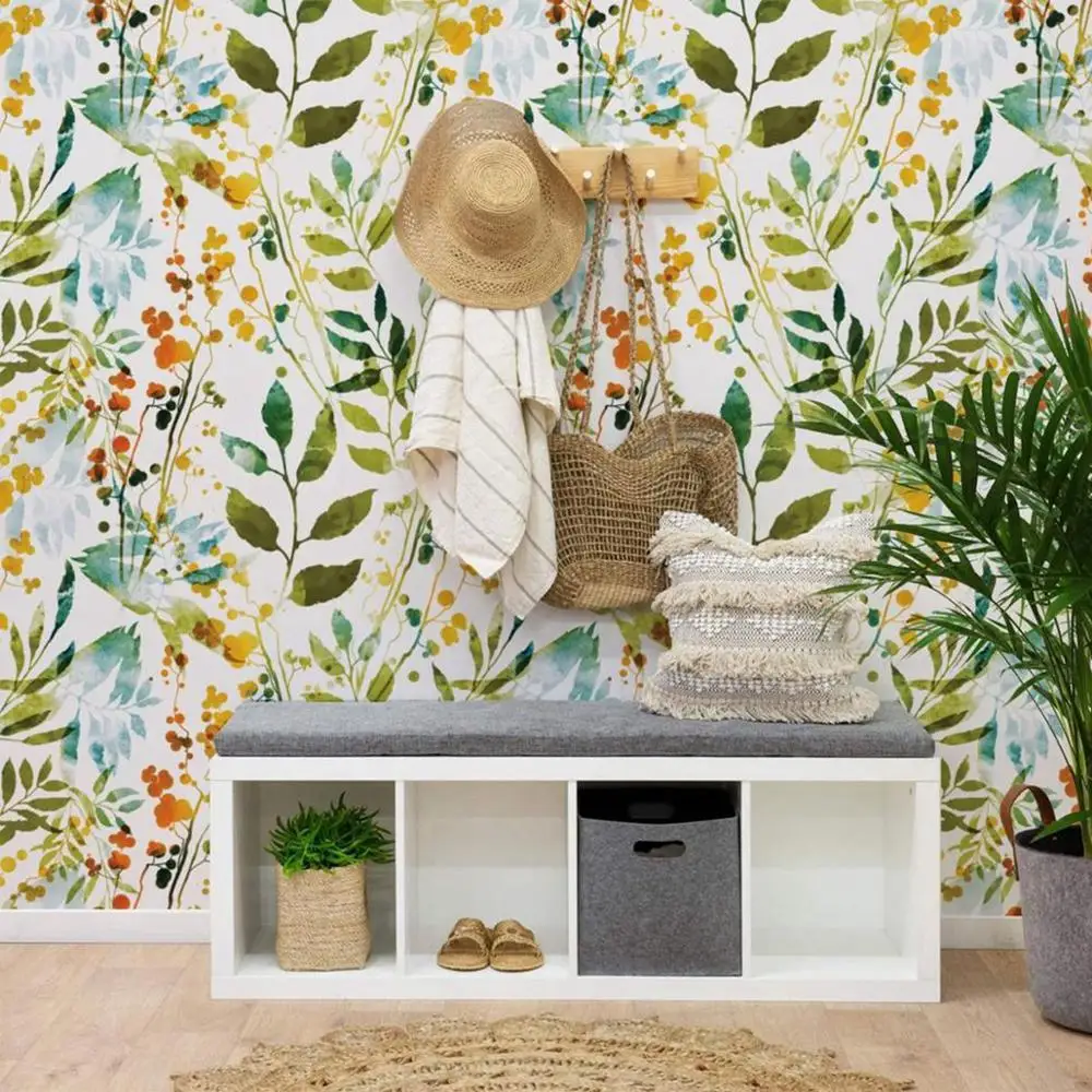 Papel de Parede Abstrato de Primavera do Boho Desenhado à Mão com Ervas de Impressões para Sala de Estar e Quarto