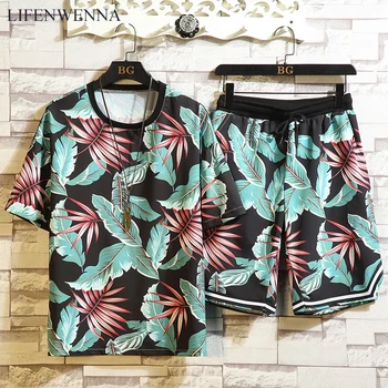 

Summer New Fashion Men's Sets Casual Print Short Sleeve Suits For Men Fashion Flower Print Beach Suit Sets T Shirt+ Shorts M-5XL