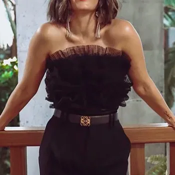 

Stylish Sexy Strapless Tank Top Wave Draped Mesh Material black Tank Hollow Out Breathable Tanks Women Clothing