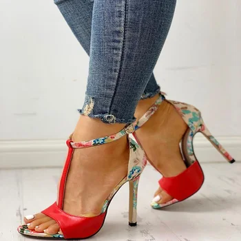 

Women Sandals T-tied High Heels Female Rome Shoes Women's Print Woman Peep Toe Comfortable Ladies Footwear Summer New Plus Size