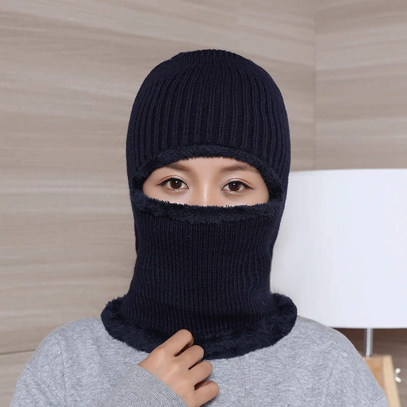 Autumn and Winter Knitted Wool Beanie Solid Masked Couple Hat Plus Velvet Thickening Unisex Earmuffs Scarf Hats Warm Winter Cap