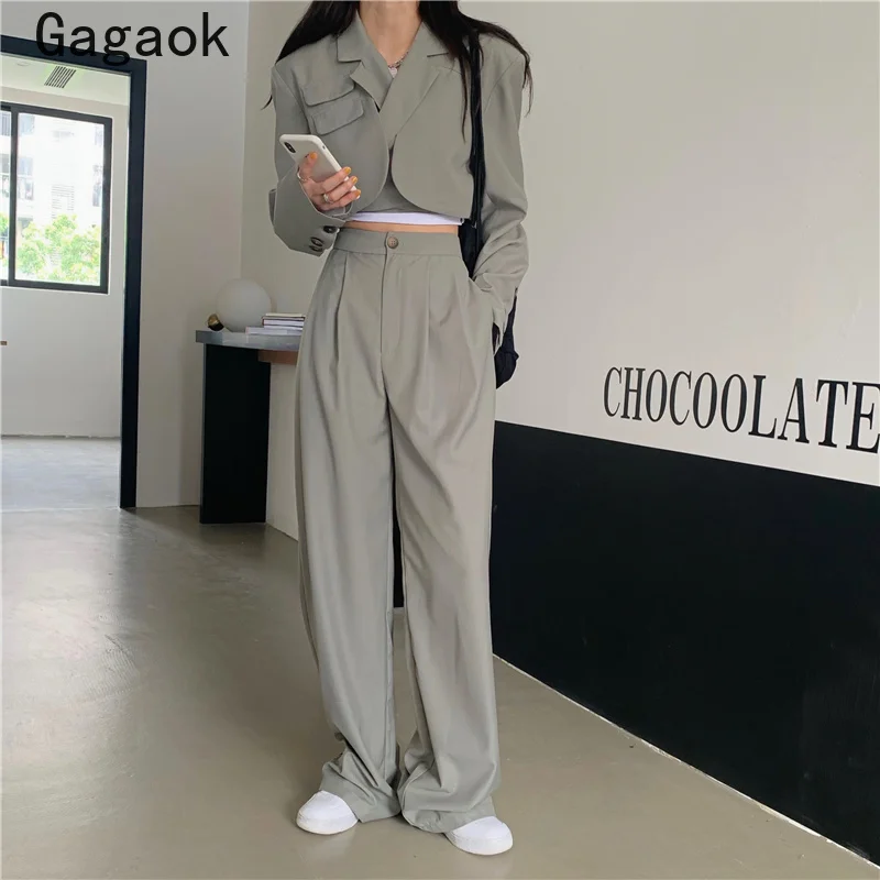 Куртка и брюки Gagaok Женская однотонная Модный повседневный короткий комплект из