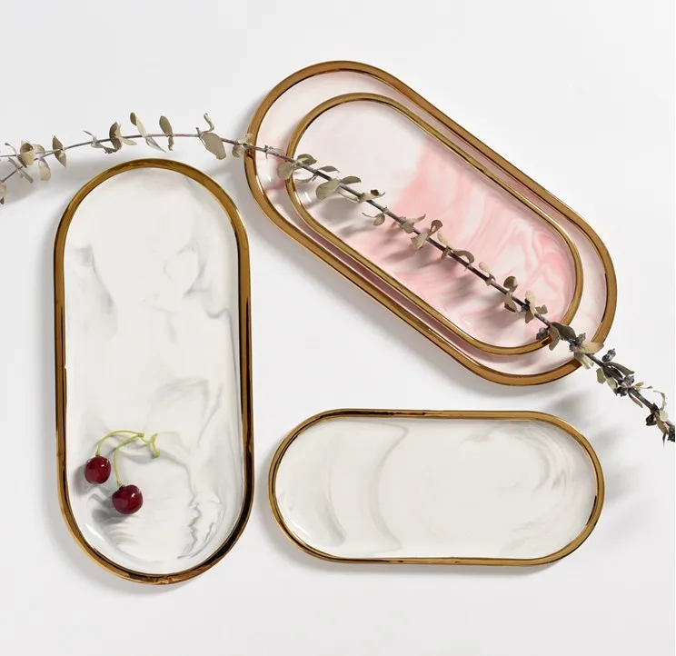 Nordic Marble Texture Tray Ceramic Oval plate Western Dish Dessert Dish Jewelry Storage Tray 2