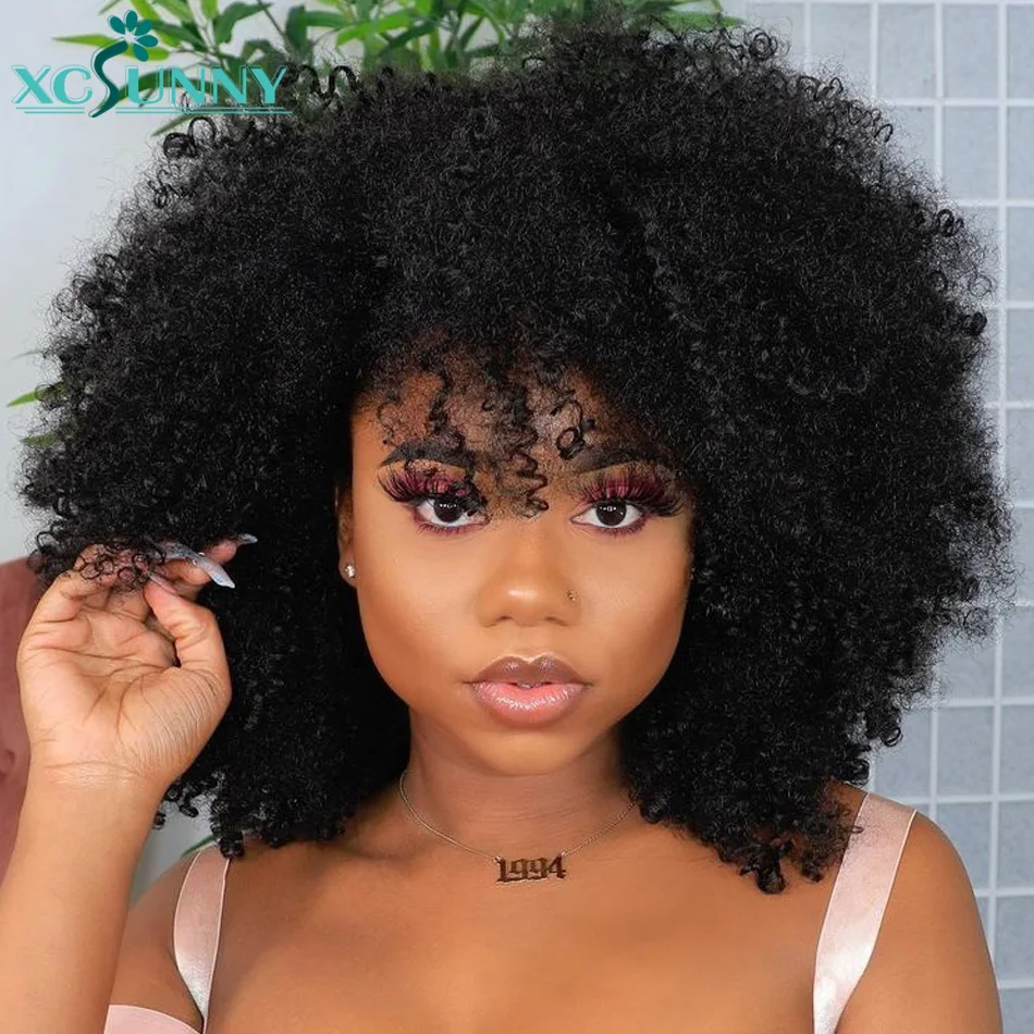 Curly Wig Bangs Human-Hair Afro Kinky Xcsunny Women Full-Machine Made Brazilian 