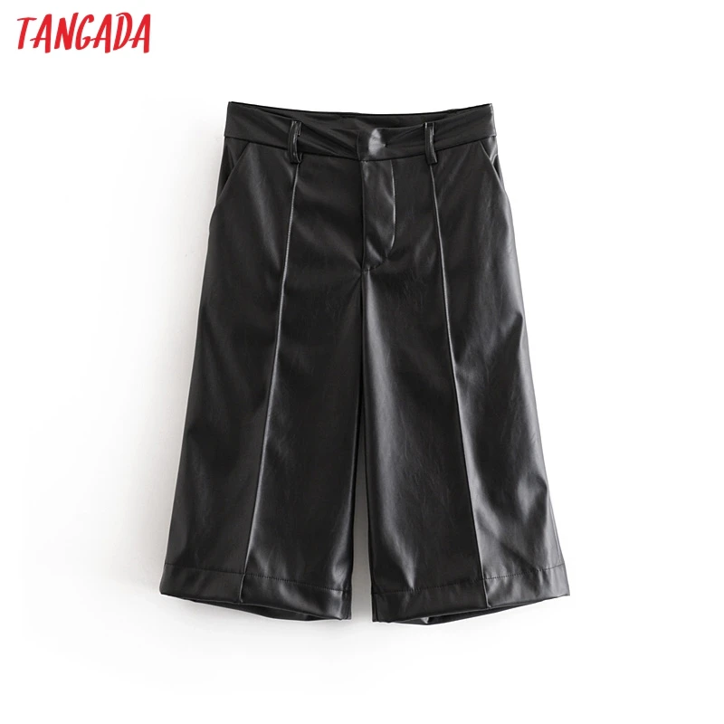 Tangada fashion women faux leather black pants trousers pockets buttons lady knee length pants pantalon 6A319