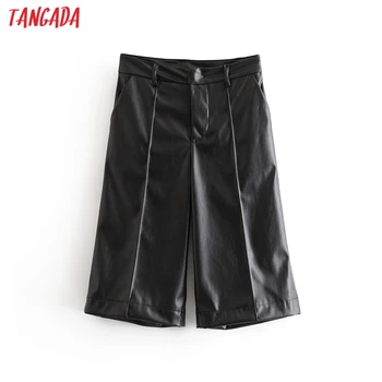 

Tangada fashion women faux leather black pants trousers pockets buttons 2019 lady knee length pants pantalon 6A319