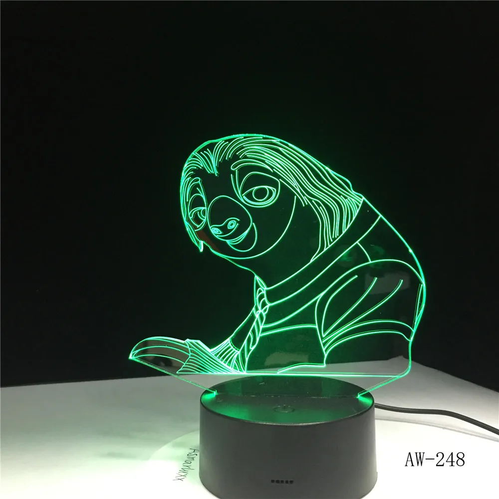 3D зверополис мультфильм Ленивец ночник 3D USB сенсорный выключатель дистанционное управление акрил 7 цветов градиент атмосферные лампы освещение 248