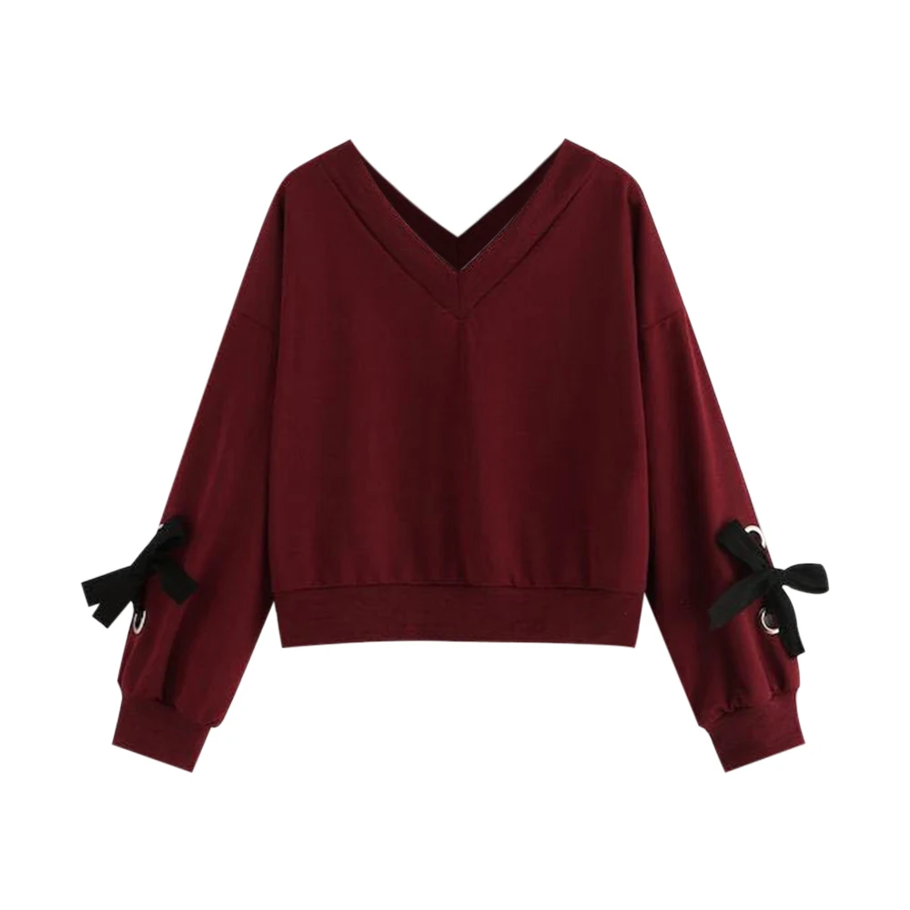 Модные милые женские свитшоты, вязаный пуловер с v-образным вырезом и галстуком-бабочкой, Осенние повседневные женские свитшоты с длинным рукавом, размеры s-xl - Цвет: Wine Red