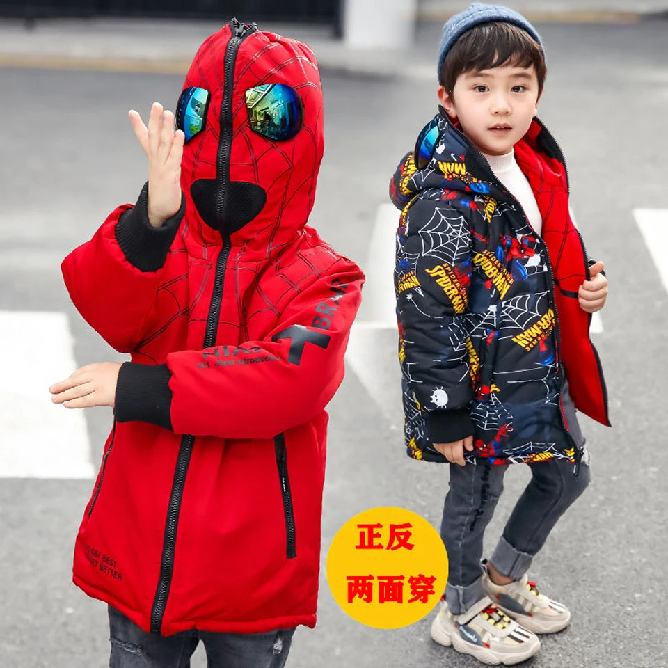 Boys Winter Jacket Cartoon Parka Boys Hooded Winter Coat Double Side Wear With Glasses Fashion Children Jacket boys clothes