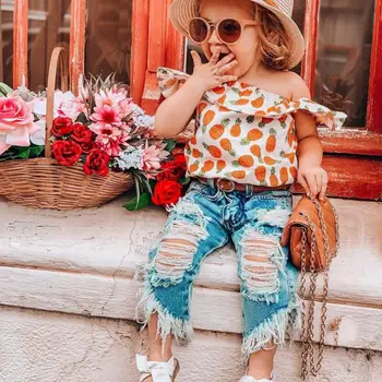 

Gilr Clothes Set Summer Pineapple Shirt And Hole Jeans Pants 2 Pcs Clothing Suit For Baby Kids Cute Sets 2019 New Style