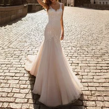 

2021 Bespoke Wedding Dress Simple Wedding Dresses Floor-length Fish Tail V-neck Boho Style Lace Embroidery High Waist Sleeveless