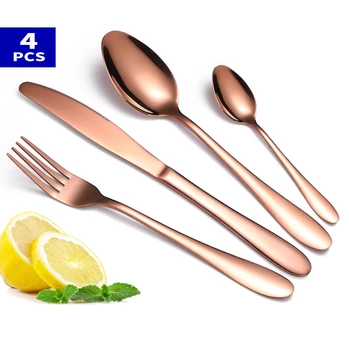 

4pcs Rose Gold TablewareSe Set 18/10 Stainless Steel Cutlery Set Silver Fork Spoon Knife Set Black Mirror Finish Dinnerware Set