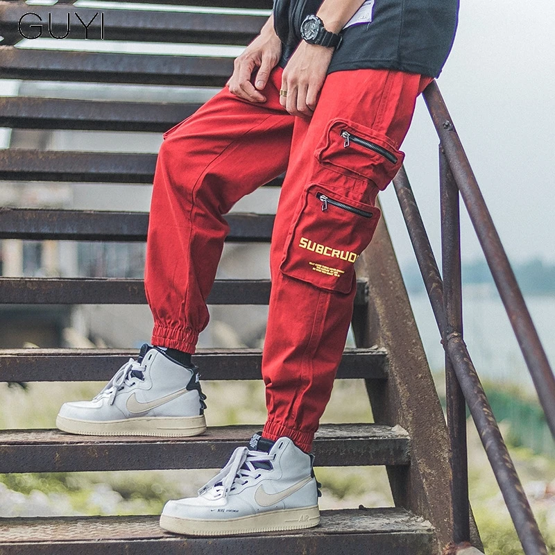 Tanie Czerwone męskie Streetwear biegaczy Cargo spodnie Hip Hop list spodnie z kieszeniami sklep