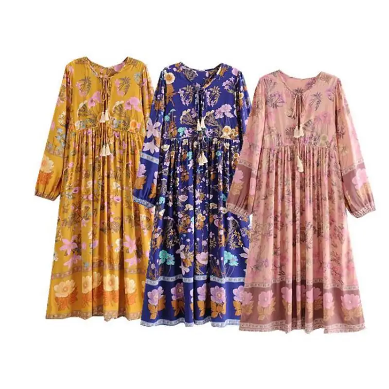 Женское платье с кисточками Boho летнее Свободное длинным рукавом цветочным