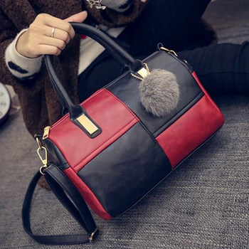 

Women Casual Patchwork Panelled Top Handle Shoulder Bags Ladies Hairball Zipper Crossbody Flap Bag Female High Capacity Handbags
