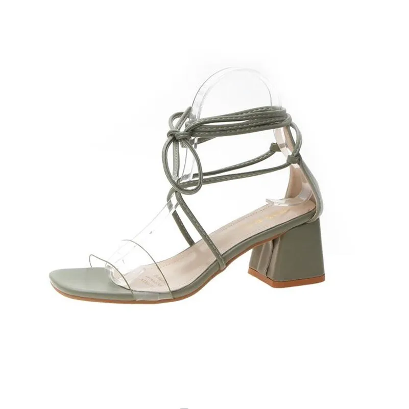 

Sandals female 2019 summer new ladies cross with square head high-heeled word with thick with Roman shoes