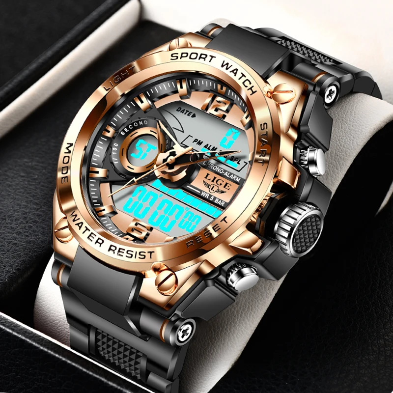 LIGE - Reloj militar resistente al agua para hombre, pulsera masculina, accesorio deportivo con doble pantalla para exteriores, de marca - Imagen 6