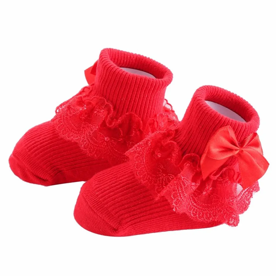Кружевные носки для новорожденных с бантом; зимние теплые хлопковые носки для маленьких девочек; милые носки для малышей; аксессуары для малышей в стиле принцессы