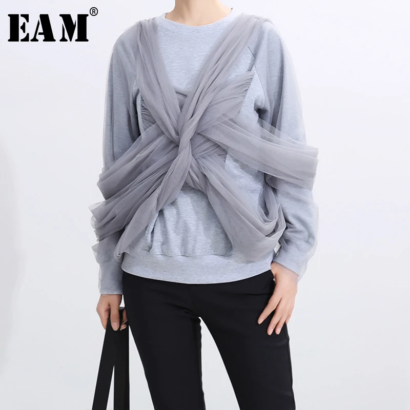 [EAM] свободный крой, сетчатый свитер, новинка, круглый вырез, длинный рукав, женская мода, большой размер, Осень-зима, 1A080
