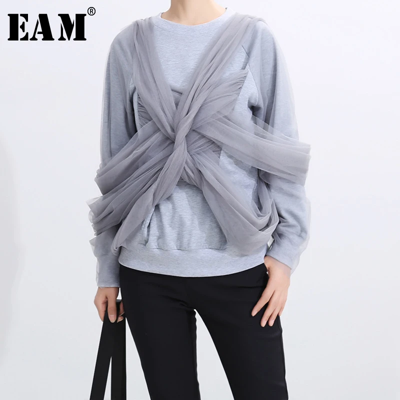 

[EAM] Loose Fit Mesh Spliced Personality Sweatshirt New Round Neck Long Sleeve Women Big Size Fashion Autumn Winter 2019 1A080