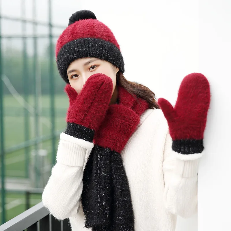 Женская зимняя шапочка-шарф и наборы перчаток трикотажные хлопковые Модные Женские однотонные теплые шапочки шапки с шарф с помпонами наборы перчаток - Цвет: B