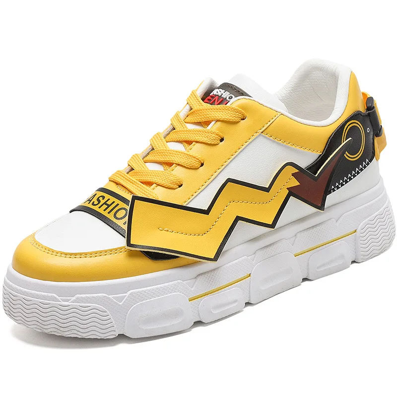 

2020 spring new design cute sweet pattern thick bottom lace up Korean pu female yellow sneakers Flat Casual Shoes Woman
