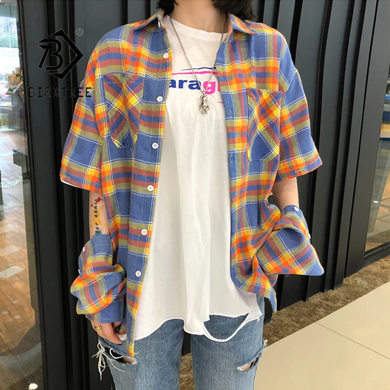 

Summer New Women Vintage Rainbow Plaid Shirt Removable Sleeve Batwing Long Sleeve Blouse Harajuku Oversize Top Feminina Blusas